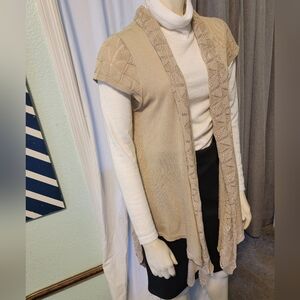 Y2K Alberto Makali Crochet Knit Open Front Cardigan Waist Accent Back Tan Sz M